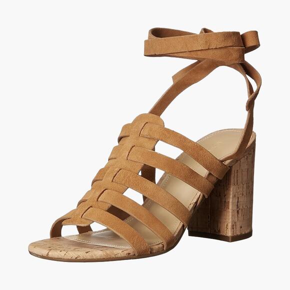 MARC FISHER "Riza" Leather Fisherman Cork Heel Ankle Wrap Sandals (Blush | 9M) - Picture 2 of 10